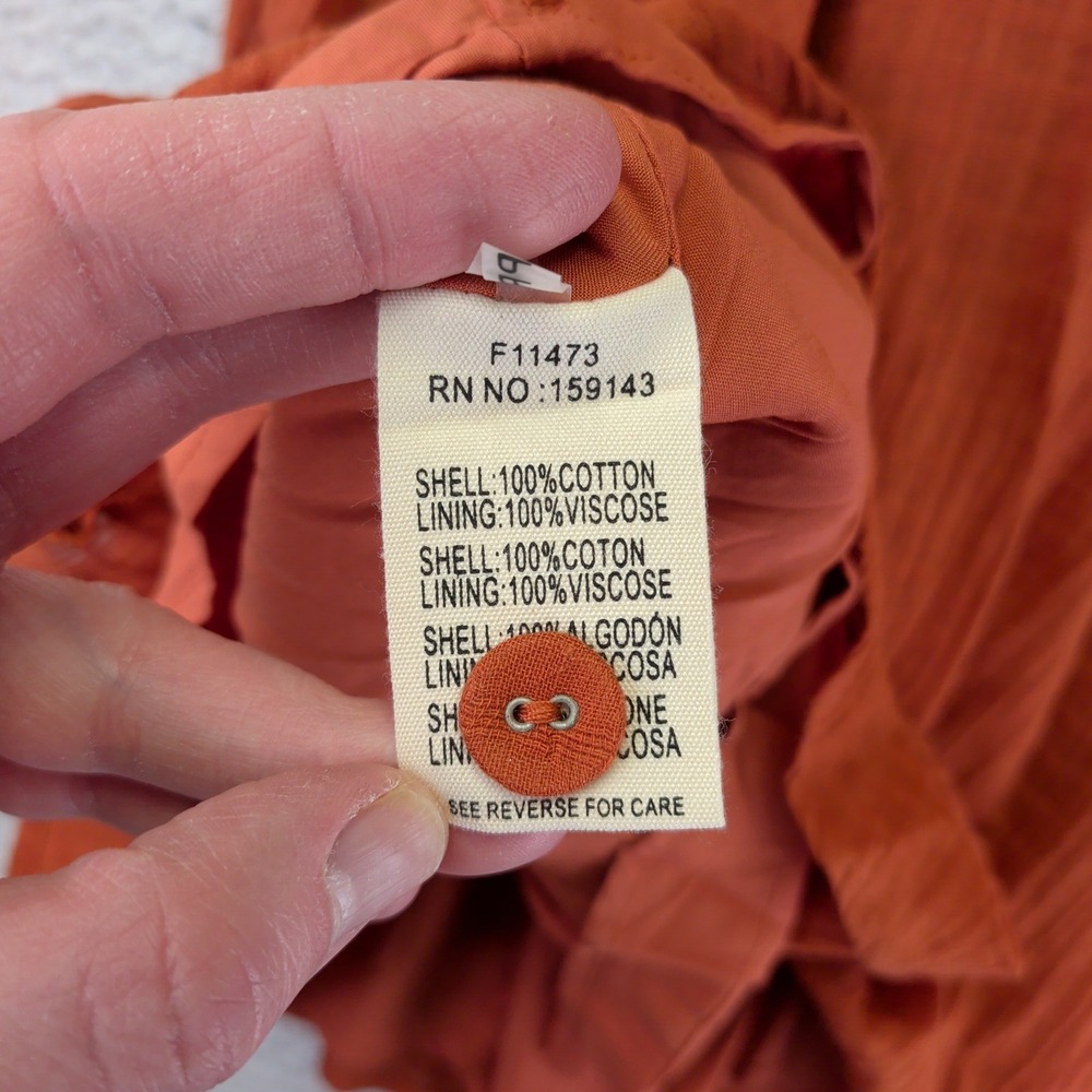 FRNCH Paris Rust Orange Cotton Button Front Tie Shoulder Midi Dress XS F11473 - Picture 8 of 9